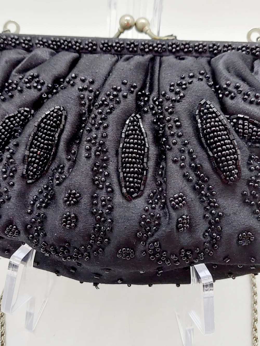La Regale Black Satin Beaded Convertible Evening Clutch With Chain Strap